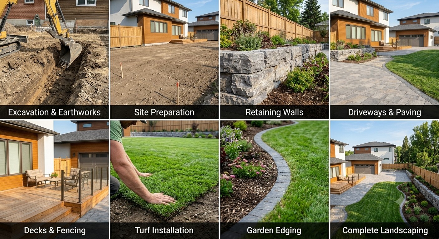 MSC Diggerscape services: excavation, site preparation, retaining walls, driveways, decks, turf, garden edging and complete landscaping